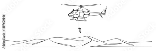 helicopter rescue operation with soldier rappelling – black and white monoline design