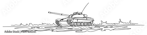 Foto military tank moving through terrain – black and white monoline design