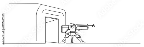 automated machine gun guarding bunker – black and white monoline design