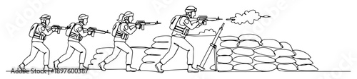 infantry squad advancing from cover – black and white vector illustration
