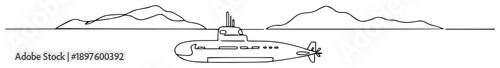 modern submarine with propeller – black and white vector illustration