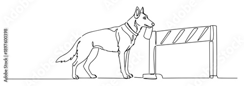 military dog at checkpoint barrier – black and white vector illustration