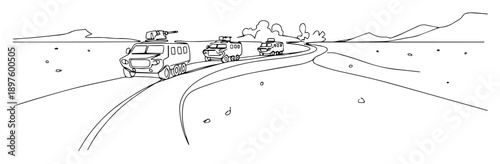 military convoy moving through road in desert – one line vector art showcasing clean timeless artistic minimalism