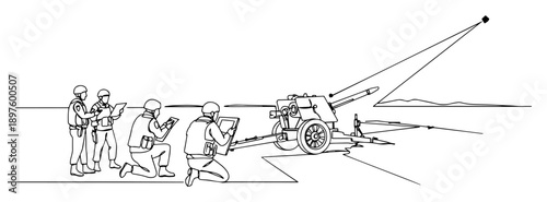 artillery crew launching projectile – one line vector art showcasing clean timeless artistic minimalism