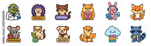 Collection of cute animal character icons representing various information technology professions and software development roles in a playful, kawaii cartoon vector sticker style