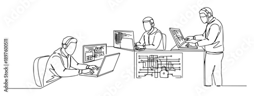 cyber operations center with digital schematics – one line vector art showcasing clean timeless artistic minimalism