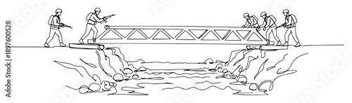 military patrol crossing temporary bridge – vector illustration created using a single line stroke