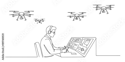 operator controlling military drones remotely – vector illustration created using a single line stroke