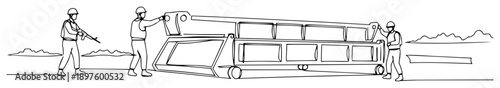 soldiers deploying modular bridge platform – vector illustration created using a single line stroke