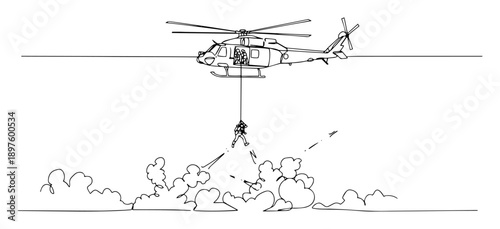 helicopter rope insertion operation in jungle – vector illustration created using a single line stroke