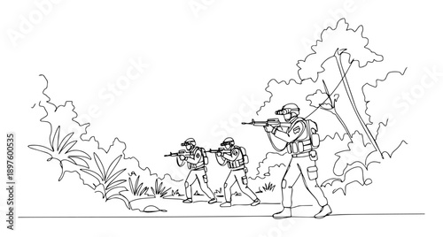 soldiers patrolling dense jungle terrain – vector illustration created using a single line stroke