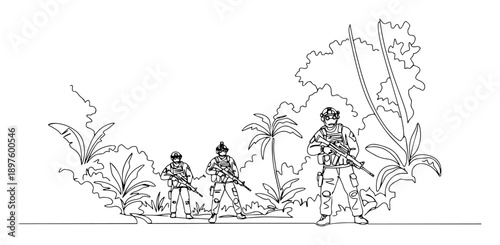 military unit advancing through tropical forest – vector illustration created using a single line stroke