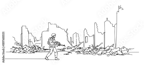 soldier patrolling ruins of destroyed city – black ink line drawing
