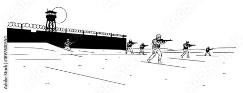 military unit escaping from prison zone – black ink line drawing