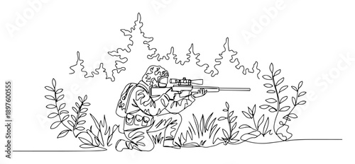 sniper hiding in vegetation during jungle mission – black ink line drawing