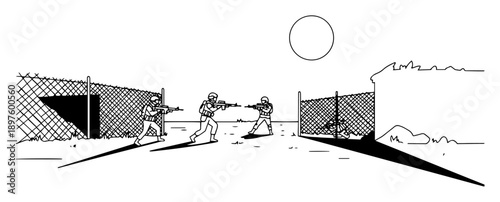 close combat near perimeter fence at sunset – black ink line drawing