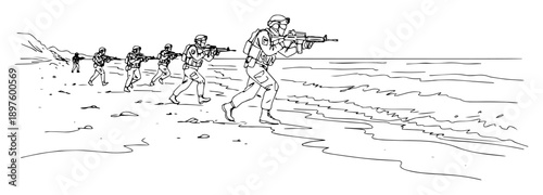 beach landing by infantry unit with rifles – black ink line drawing