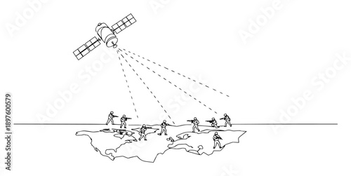 satellite scanning ground troops movement – black-and-white continuous line design