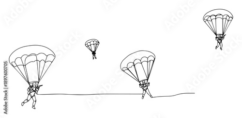 paratroopers landing in formation – clean vector outline