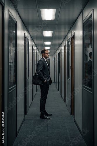Man Stands in Office Hallway While Waiting for Meeting With Coworkers or Clie...