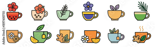 Collection of colorful herbal tea icons showing various flavors and ingredients like ginger, lemon, chamomile, and hibiscus in a flat design vector illustration set