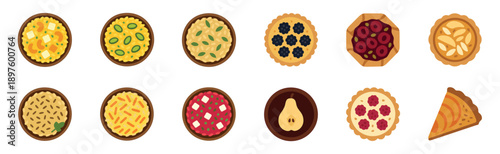 Set of various illustrated food icons including pies, tarts, and savory rice dishes in a colorful flat vector style, showing a top-down view of different meals and desserts