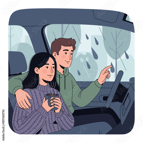 Couple Enjoying Rainy Drive Warmth Indoors Cozy Scenic Journey Outdoors
