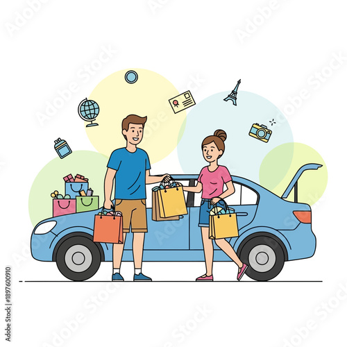 Couple Enjoying Shopping Trip With Car Full Of Purchases