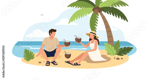 Couple Enjoying Tropical Beach Vacation With Coconut Drinks