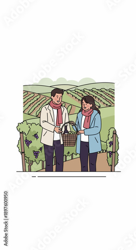 Couple Enjoying Vineyard Harvest With Basket Of Grapes Nature Scene