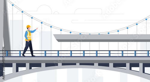 Construction Worker Inspecting Modern Suspension Bridge Design