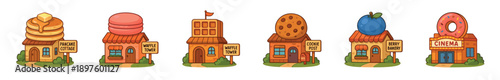 Set of six cute cartoon buildings with dessert-themed roofs, including a pancake cottage, waffle tower, and donut cinema, presented in a whimsical and playful illustrated style