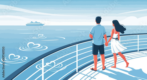 Couple Holding Hands Enjoying Ocean Cruise View From Deck