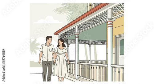 Couple Holding Hands Walking By Colonial Architecture Outdoors