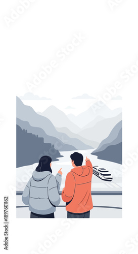 Couple Admiring Serene Mountain Landscape And River Cruise