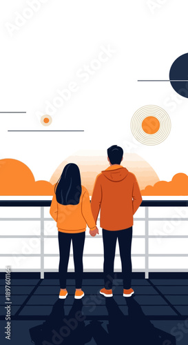 Couple Holding Hands Watching A Beautiful Orange Sunset From A Ship Deck