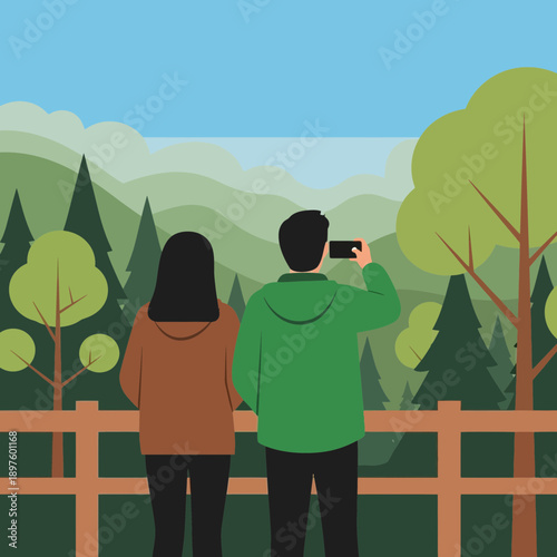 Couple Admiring Verdant Mountainous Landscape Capturing Scenery Through Smartphone Photography