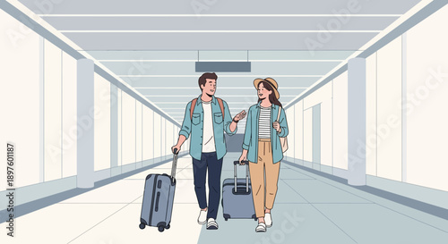 Couple Navigating Airport Corridor With Luggage Traveling Together