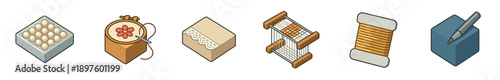 Colorful collection of six isometric icons for creative hobbies including pearl beading, flower embroidery, lace making, weaving on a loom, a spool of thread, and a design pen