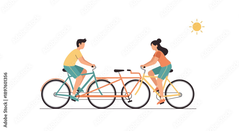 Naklejka premium Couple Riding A Tandem Bicycle Under A Sunny Sky