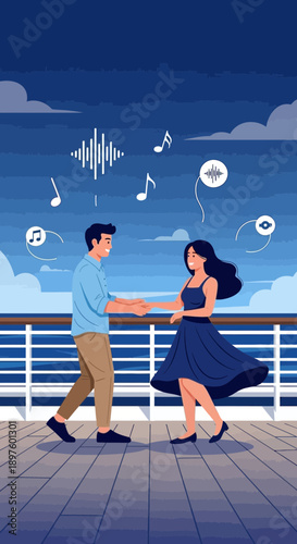Couple Dancing Joyfully Aboard A Nautical Vessel At Dusk With Musical Notations Floating