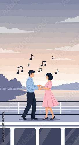 Couple Dancing Joyfully on Deck with Music Notes Floating Above