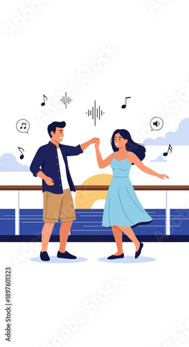 Couple Dancing Joyfully On Deck With Musical Notes Floating