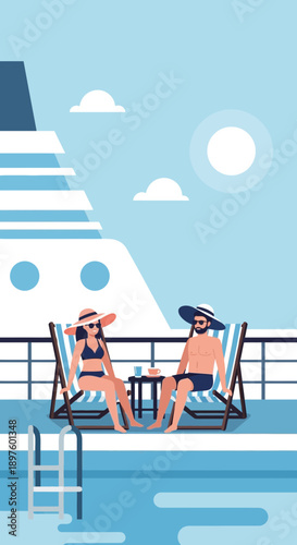 Couple Relaxing On Cruise Ship Deck By Pool Enjoying Vacation
