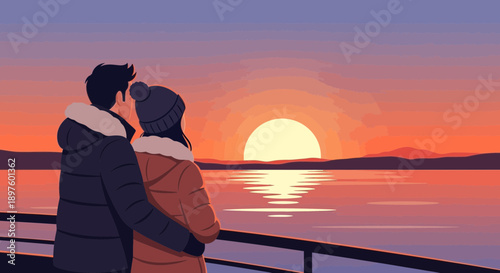 Couple Embraces At Serene Lakeside Sunset Scenic Vista