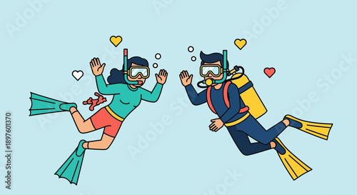 Couple Scuba Diving Hearts Underwater Adventure Together
