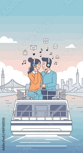 Couples Enjoying Shared Music Experience On A Boat Tour Scenic Cityscape