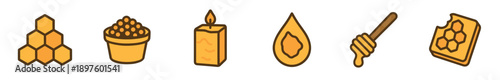 Honey and beeswax product icon collection featuring honeycomb, bee pollen, a lit candle, a honey drop, and a dipper in a simple flat cartoon illustration style for apiculture