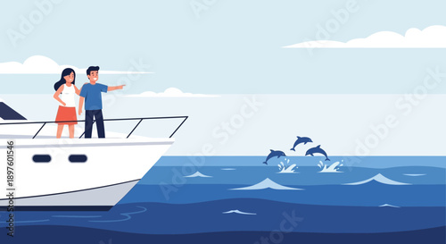 Couple Enjoying Dolphin Watching From A Luxury Yacht At Sea