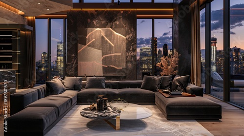Spacious luxury penthouse living room with fireplace and panoramic sunset city view